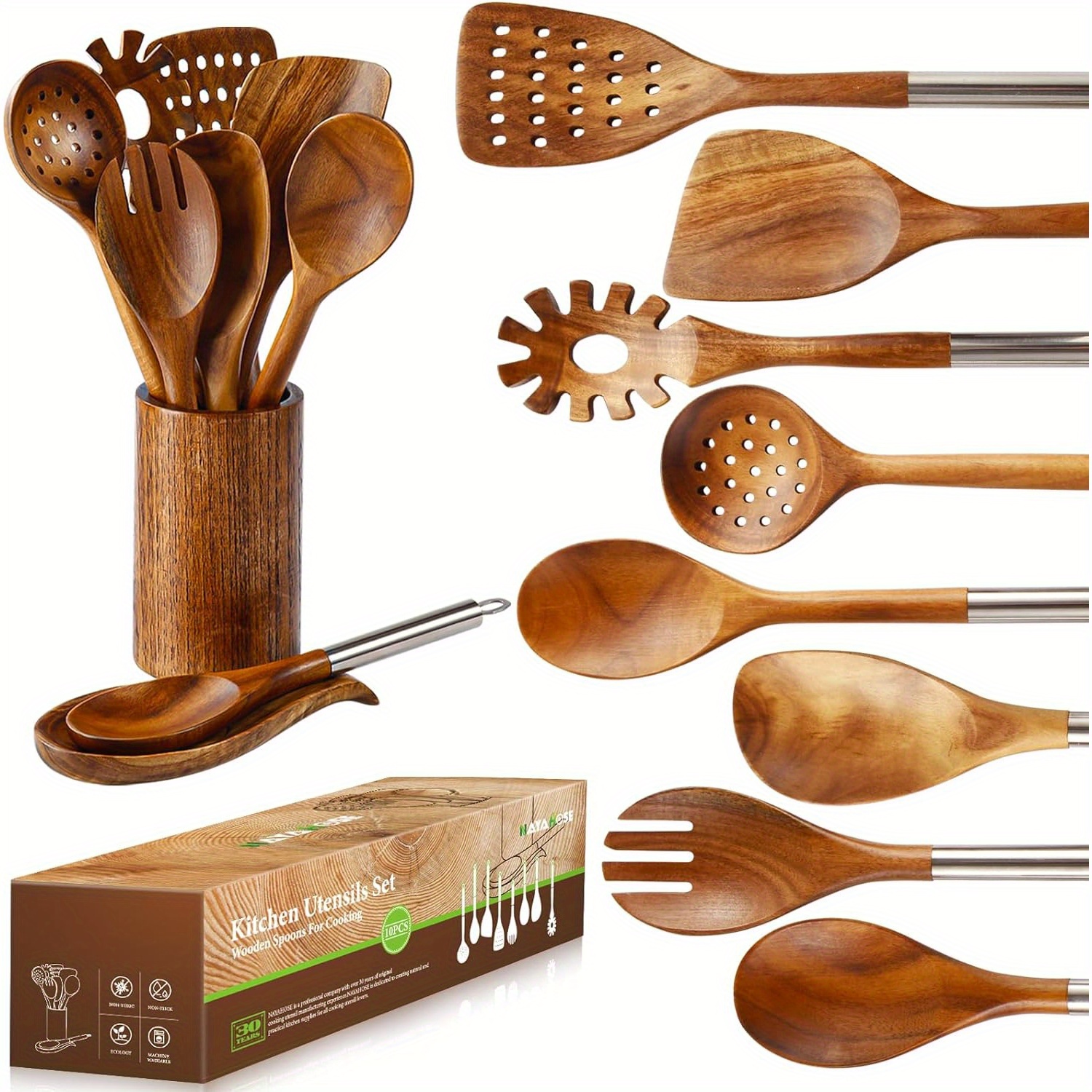 

10 Pcs Wooden Spoons For Cooking, Spoons And Spatula Set With Stainless Steel Handle, Teak Wooden Utensils Set With Holder & Spoon Rest, Kitchen Utensils For Non-stick Cookware