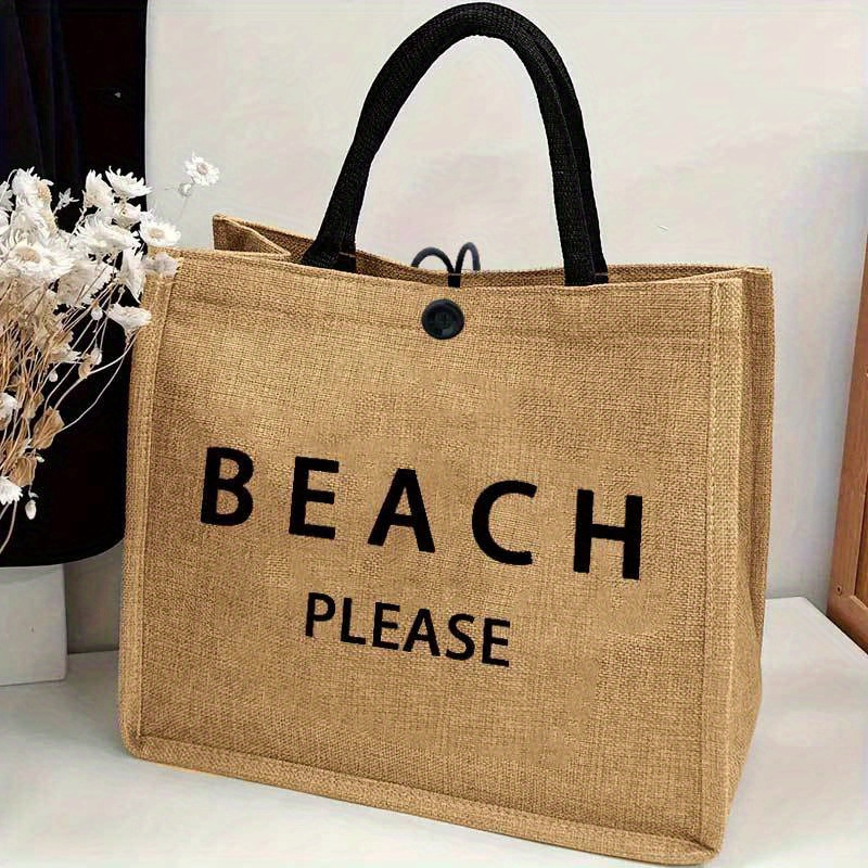 

Large Burlap Tote Bag With Beach Prints, Casual Women's Shoulder Bag For Shopping, Work, School, Stylish Lettering Design