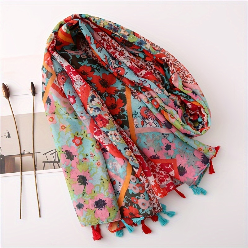 

Colorful Flower Printed Scarf Thin Breathable Tassel Shawl Leisure Style Windproof Travel Scarf For Women