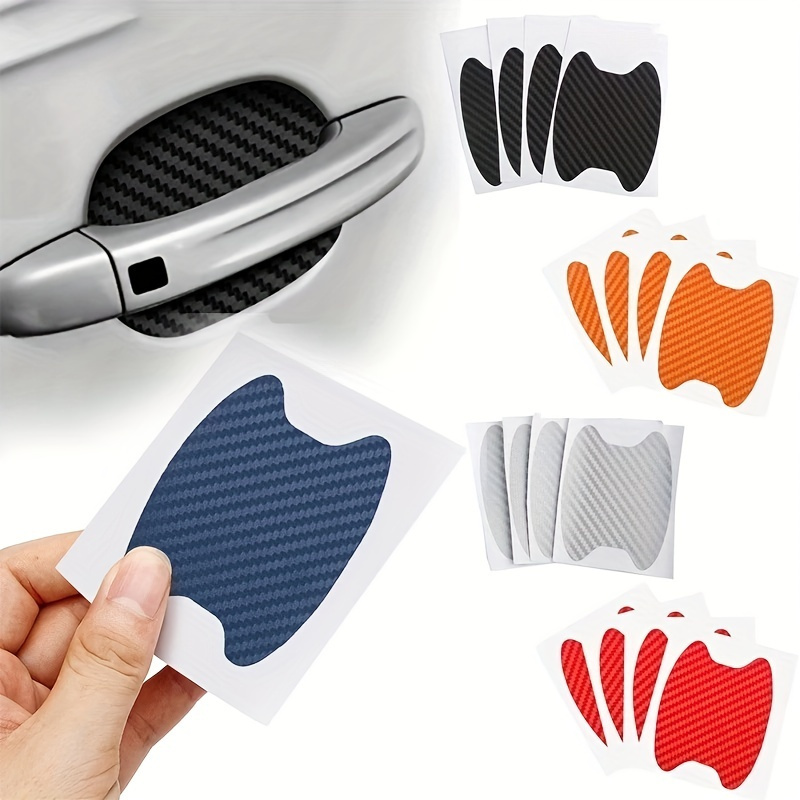 

4pcs Carbon Fiber Car Door Sticker, Scratch Resistant Auto Handle Protector Film, Matte Self-adhesive Exterior Styling Decals With Stripe Pattern, Single Use - Fits Front Handles On Plastic Surfaces