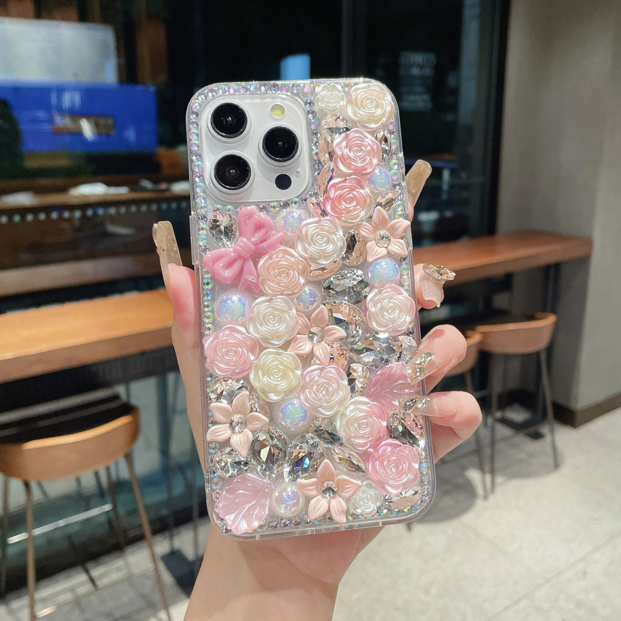 Luxury Colorful Resin Flower Pearl Phone Case for iPhone 15 Pro  Max/14/13/12/11 Series Acrylic Protective Cover