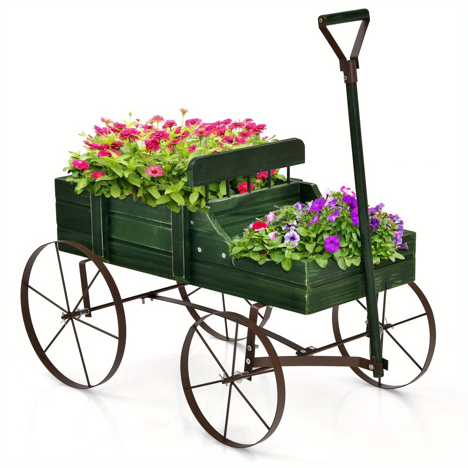 

Goplus Wooden Garden Flower Planter Wagon Plant Bed W/ Wheel Garden Yard Green