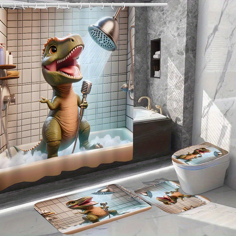 

1/4pcs Bath Dinosaur Pattern Set, Waterproof With Non-slip Bath Mat, U-shaped Rug, Toilet Lid Cover, And 12 Hooks, Bathroom Accessory Kit For Home Decor
