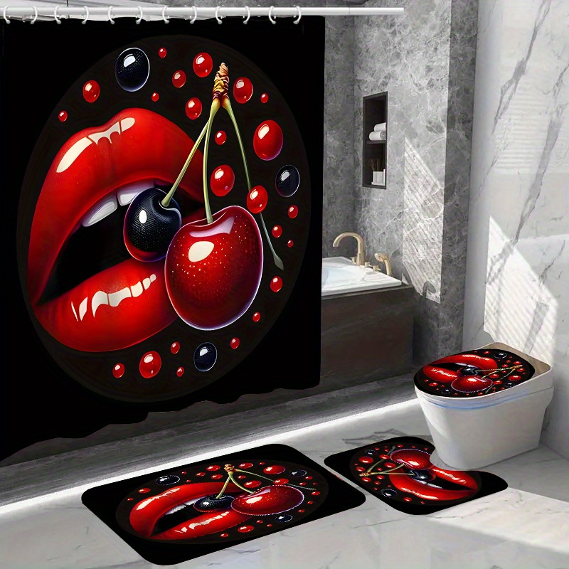 

Luxurious Red Lip Shower Curtain Set With 12 Hooks: Includes Toilet Seat Cover, Bathroom Mat, And Non-slip Rug - Polyester Fabric, Waterproof, And Washable