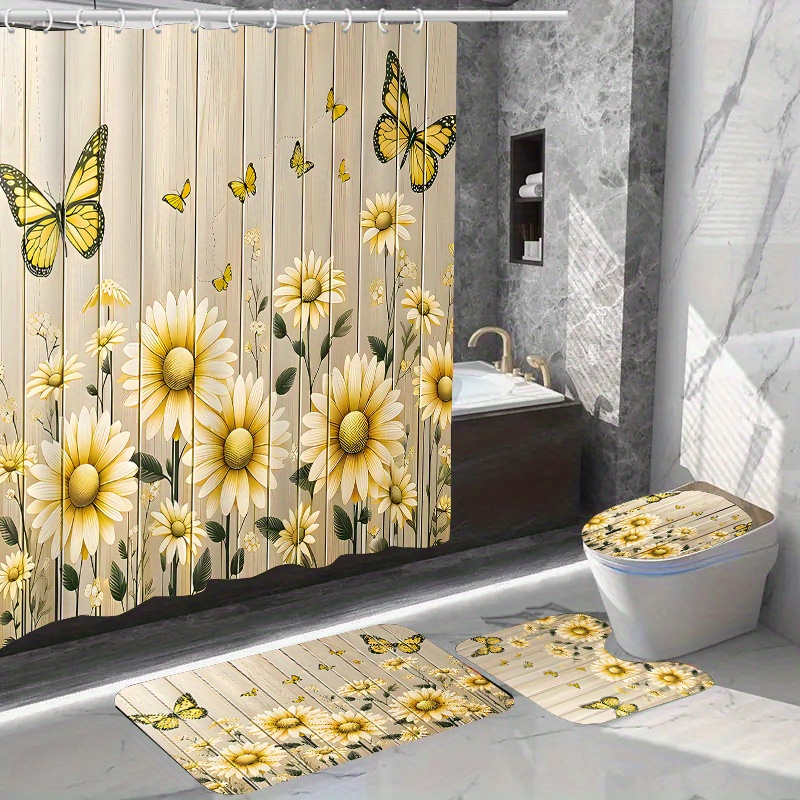 

Water-resistant Polyester Shower Curtain Set With 12 Hooks, Non-slip Toilet Seat Cover And Bathroom Mat, Fashion Butterfly And Daisy Patterned Curtain With Woven Weave - Dry Clean Only