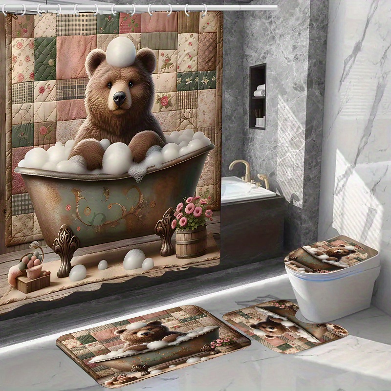 

1/4pcs Bathroom Set, Waterproof Shower Curtain With Non-slip Bath Mat, U-shaped Rug, Toilet Lid Cover, And 12 Hooks, Bathroom Decor Shower Curtain Set