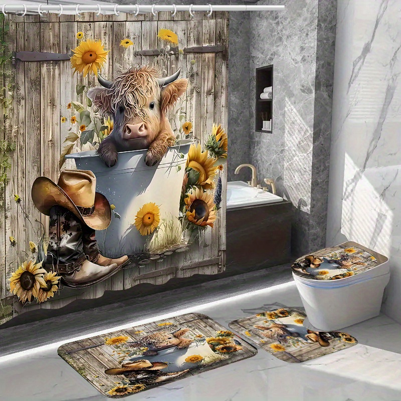 

1/4pcs Sunflower Cow Pattern Shower Curtain Set, Waterproof Shower Curtain With Non-slip Bath Mat, U-shaped Rug, Toilet Lid Cover, And 12 Hooks, Bathroom Accessory Kit For Modern Decor