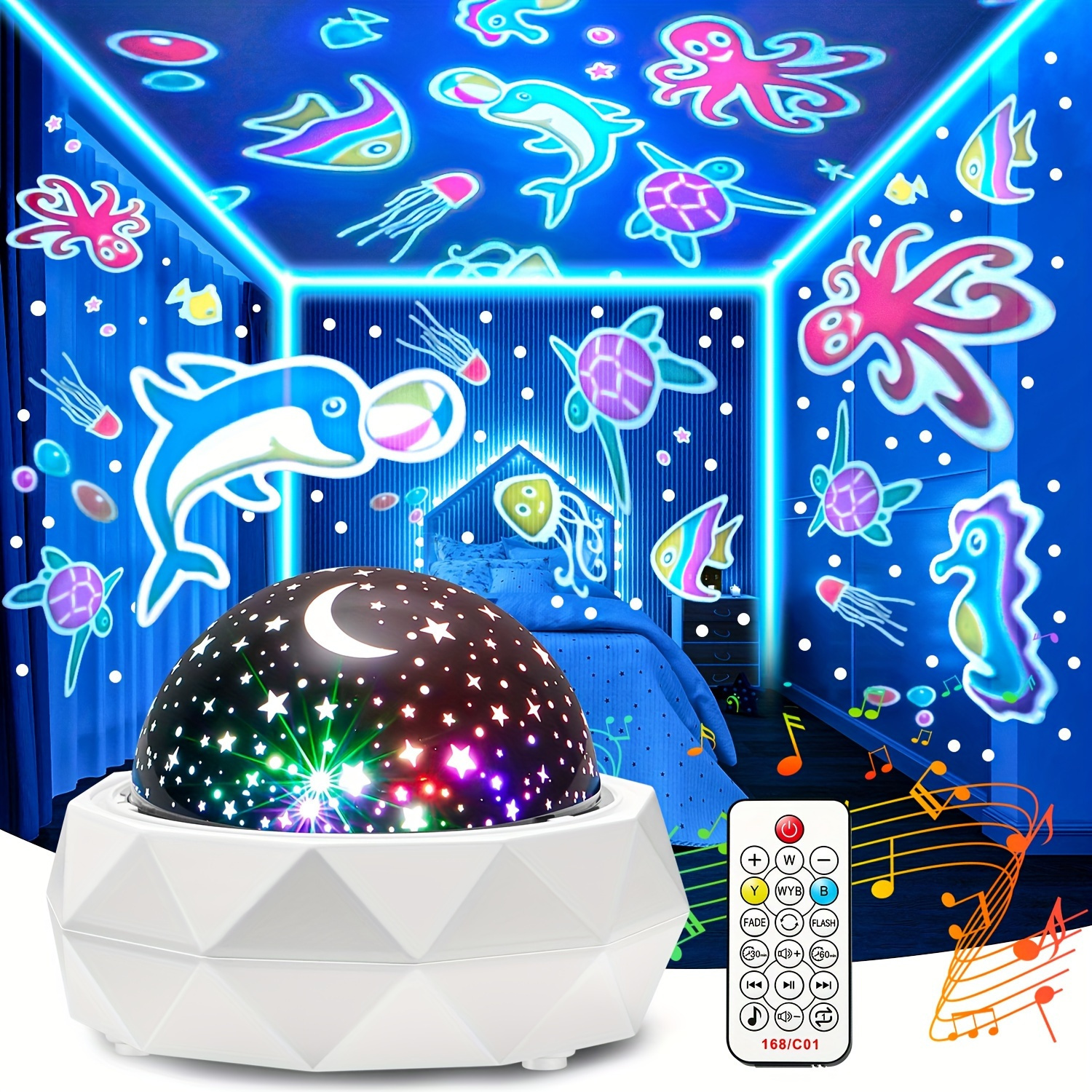 

8 couleurs + 3 projecteur de veilleuse 360° avec 12 sons et films apaisants - Télécommande et minuterie automatique - Cadeau de Noël parfait