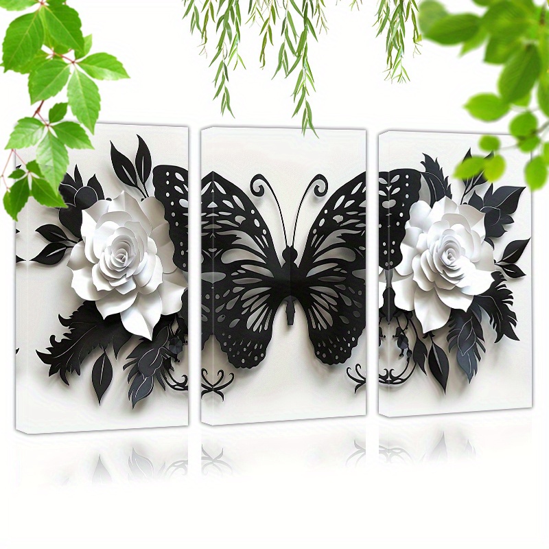

Framed Set Of 3 Canvas Wall Art Ready To Hang A Black Butterfly And White Roses (1) Wall Art Prints Poster Wall Picrtures Decor For Home