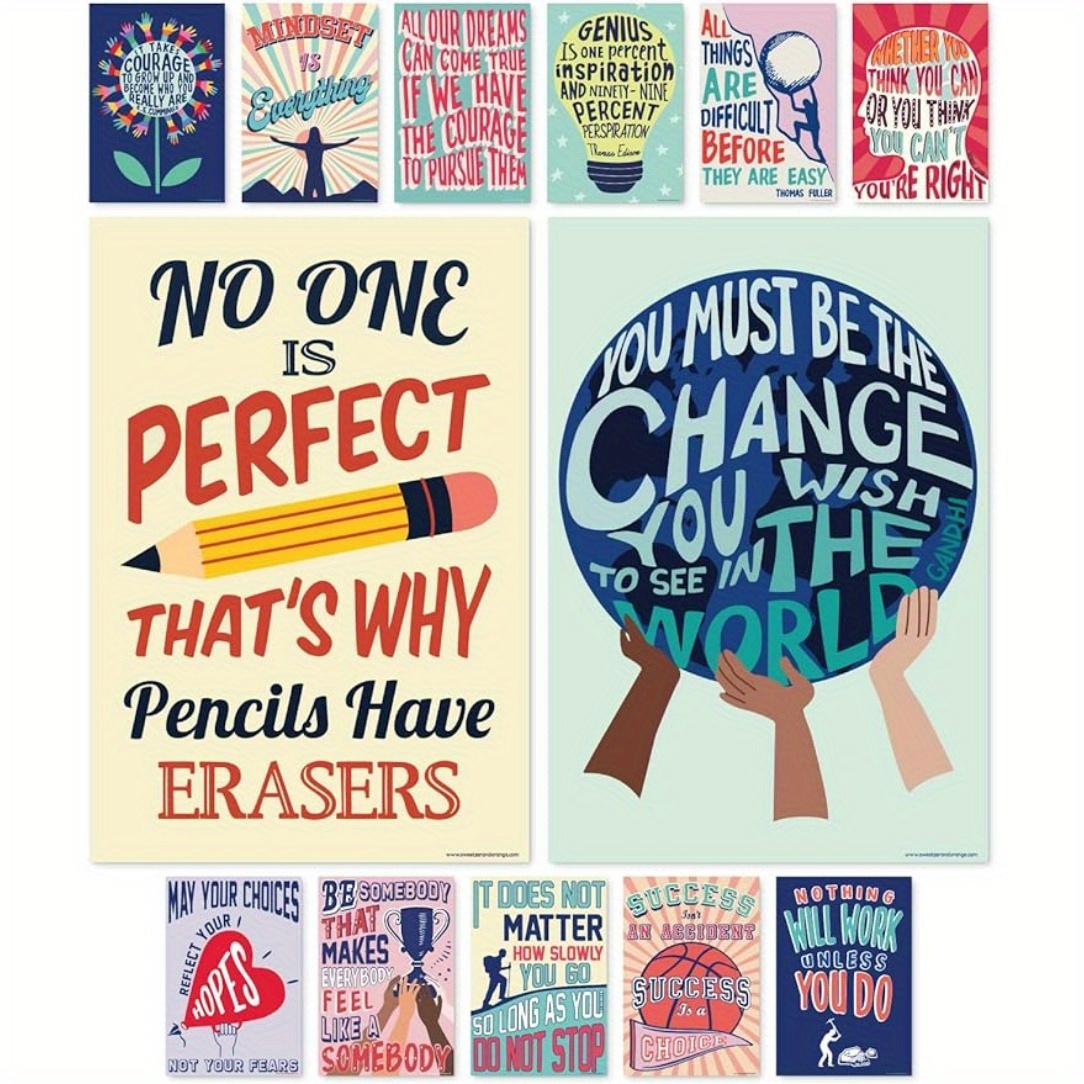 

13pcs Growth Mindset Motivational Poster Set For Classroom Decor - Inspirational Quote Posters, Frameless, Laminated, Waterproof, 8x10inch - Perfect For Middle & High School Students