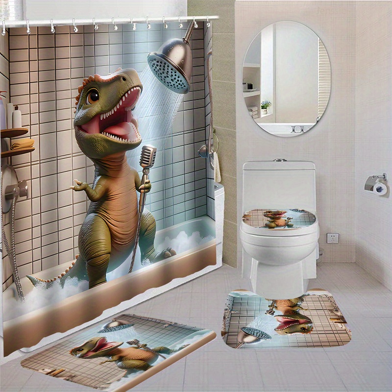 

Dinosaur-themed Waterproof Shower Curtain Set With 12 Hooks, Non-slip Bath Mats, Toilet Covers, And Rugs - Water-resistant Polyester Fabric, Fashion Pattern, Includes Curtain Hooks, Dry Clean Only