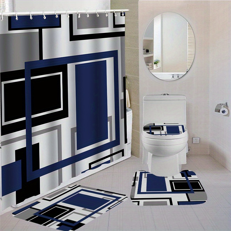 

1/4pcs Blue Geometric Pattern Shower Curtain Set, Waterproof Shower Curtain With Non-slip Bath Mat, U-shaped Rug, Toilet Lid Cover, And 12 Hooks, Bathroom Accessory Kit For Home Decor