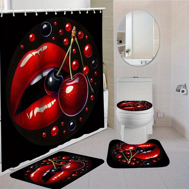 

1/4pcs Cherry Lips Pattern Shower Curtain Set With Hooks, Waterproof Shower Curtain, Toilet Cover Mat, Non-slip Bathroom Rug, Water Absorbent Bath Mat, Bathroom Accessories, Home Decor