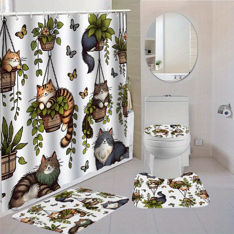 

1/4pcs Cat Plants Pattern Shower Curtain Set With Hooks, Waterproof Shower Curtain, Toilet Cover Mat, Non-slip Bathroom Rug, U-shaped Bath Mat, Bathroom Decor Accessories