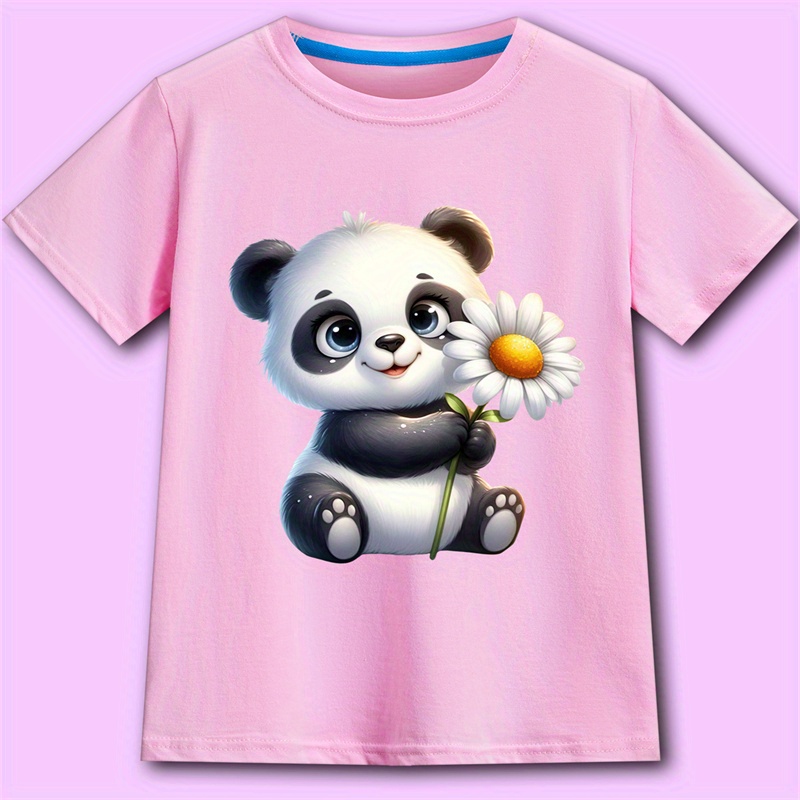 

Girls 100% Cotton T-shirt, Cute Panda With Daisy Print, Short Sleeved Top For Girls And Boys, Kid's Summer Casual Tee