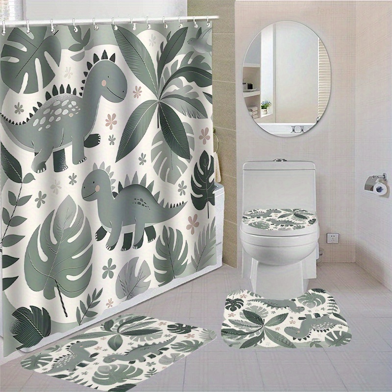 

1/4pcs Dinosaur Floral Pattern Shower Curtain Set With Hooks, Waterproof Shower Curtain, Toilet Cover Mat, Non-slip Bathroom Rug, U-shaped Bath Mat, Bathroom Accessories, Home Decor