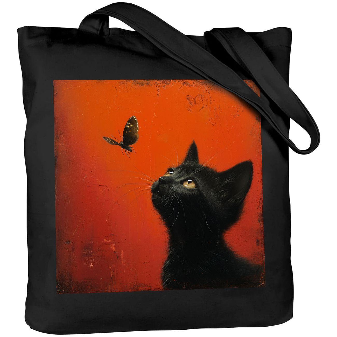 

1pc Black Cat And Butterfly Pattern Canvas Tote Bags, Casual Large Capacity Shoulder Bag, Lightweight Shopping Bag