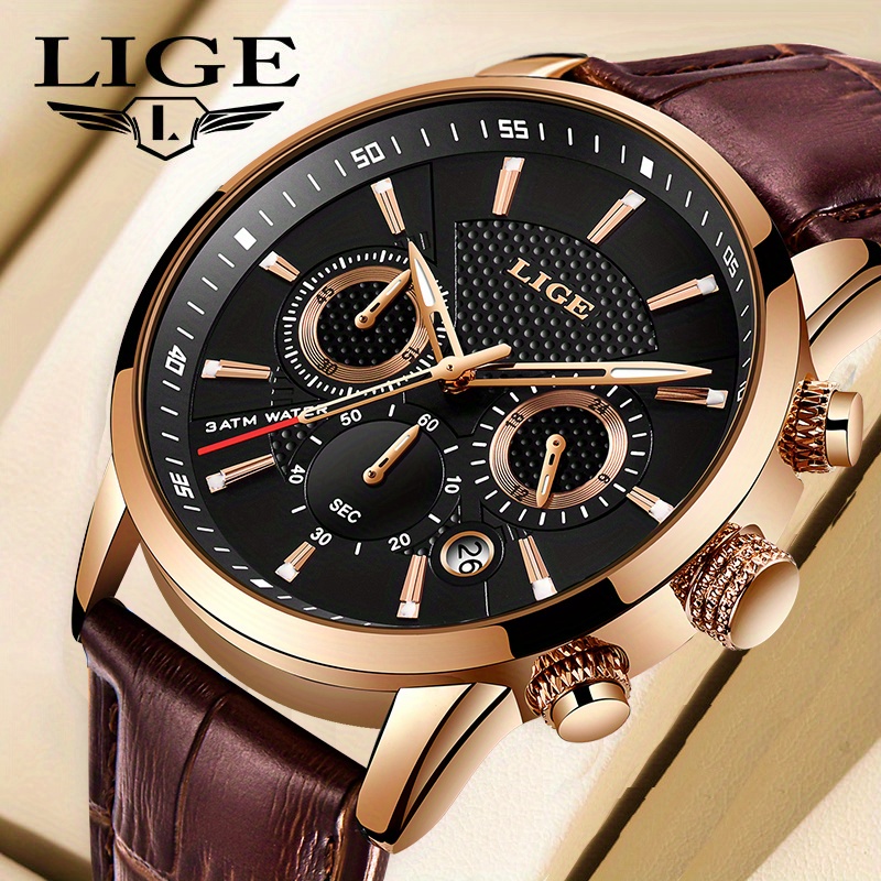 

Lige Fashion Watch Men's Top Brand Luxury Quartz Watch Leather Strap 30m Waterproof Business Casual Leather Watch Clock
