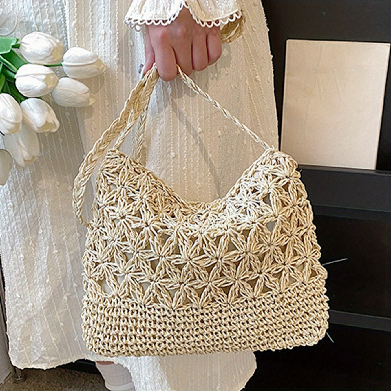 

Bohemian Straw Woven Shoulder Bag, 9.4x8.2in Fabric Handcrafted Tote, Summer Beach Travel Casual Handbag With Rope Handles