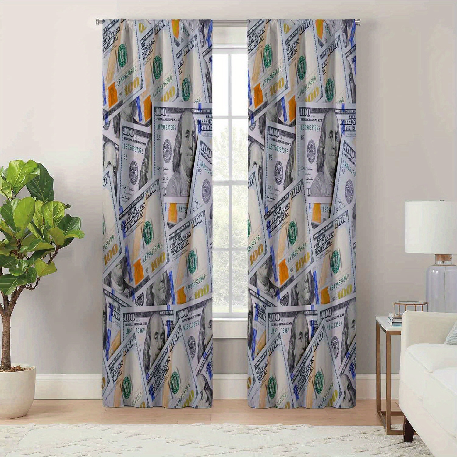 

Chic Dollar Print Curtains For Living Room & Bedroom - , Polyester With Tieback Design