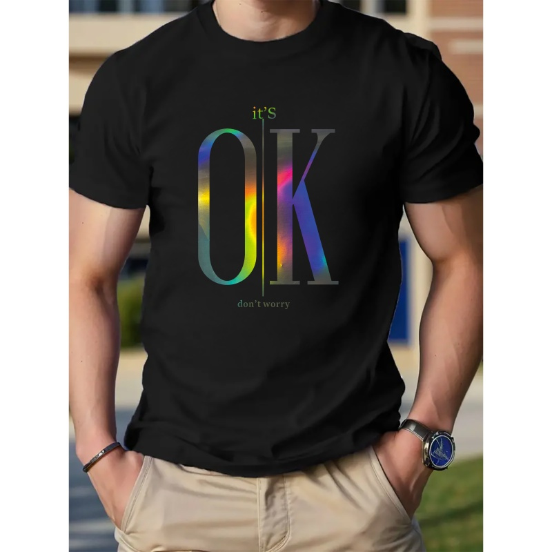 

Ok Letter Print Men's Cotton Crew Neck Short Sleeve Tees, Summer Trendy T-shirt, Casual Comfortable Top For Outdoor Sports & Vacation Camping