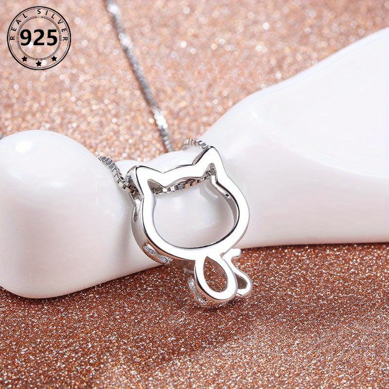 

925 Sterling Silver Necklace Cute Cat Pendant Jewelry Women's Accessory 925 Silver Necklace Clavicle Chain 1.65g/0.058oz