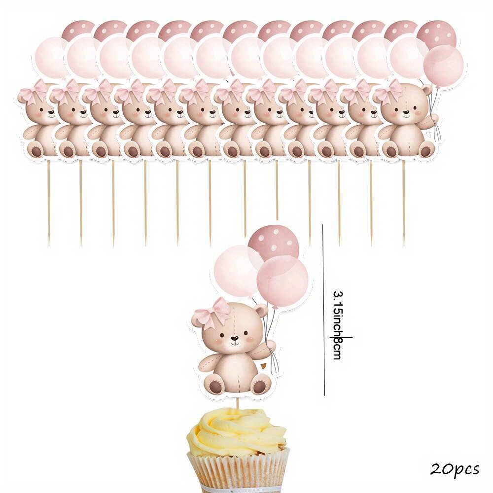 TEMU 20 pezzi Decorazioni per cupcake Rosa Cartone Animato con Orsetto Stampato per Decorazioni a Tema Orsetto Festa di Compleanno, Forniture per