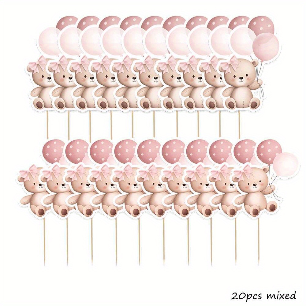 TEMU 20 stuks Cartoon Blauw Roze Serie Cupcake Toppers Waterverf voor Beer Bedrukte Topper voor Beer Thema Verjaardagsfeest Decoraties Cupcake