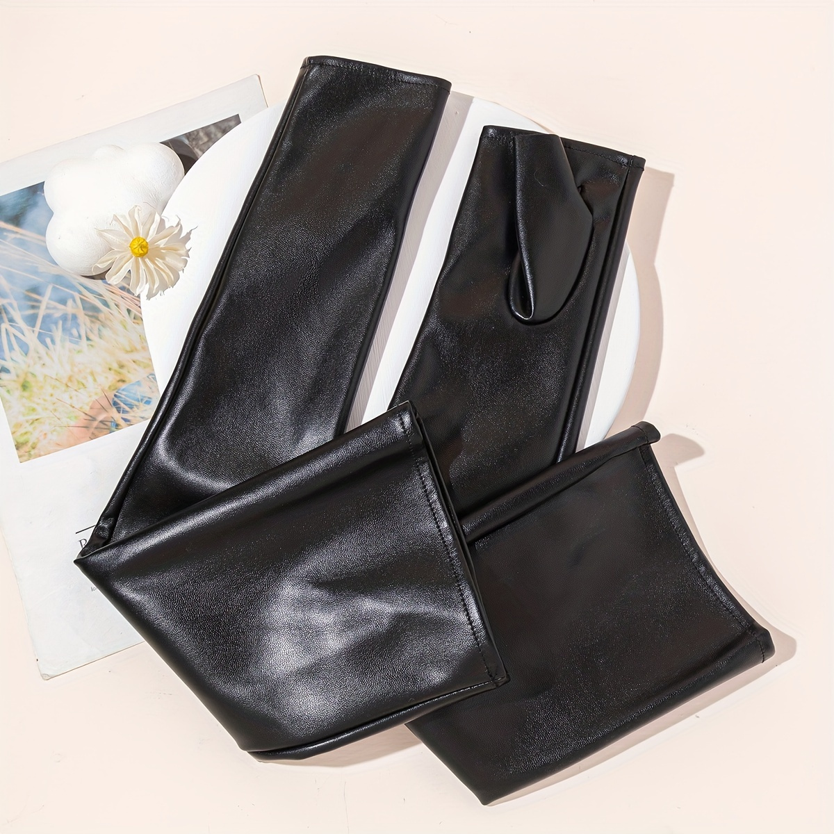 TEMU Women's Black Pu Leather Long High Quality Fingerless Stretch Gloves For Party Evening Decoration Arm Gloves