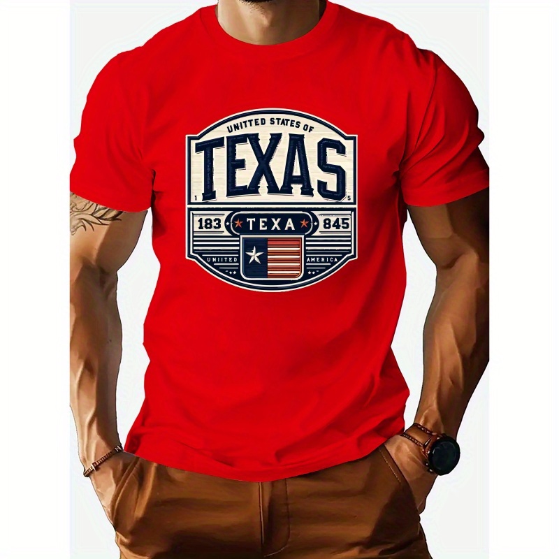 

Texas Letter Print Men's Cotton Crew Neck Short Sleeve Tee Fashion Regular Fit T-shirt, Casual Comfy Breathable Top For Spring Summer Holiday As Gift