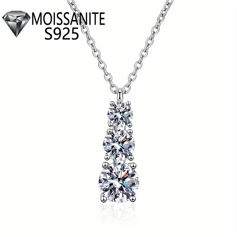 

Sterling Silver 1.8 Carat Moissanite Triple-stone Pendant Necklace, Versatile High-end Fashion, Delicate Creative, Sweet Elegant, Classic Gift With Luxury Box For Her - Birthday