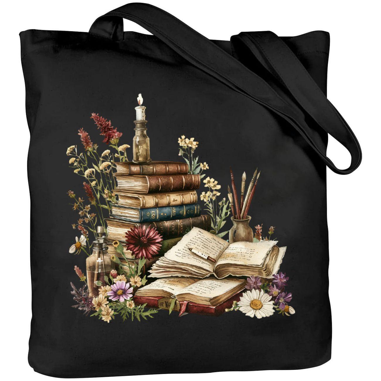 

Flowers & Books Patterncanvas Tote Bag, Stylish And Reusable Shoulder Bag, Large Capacity Handbag For Travel And Shopping