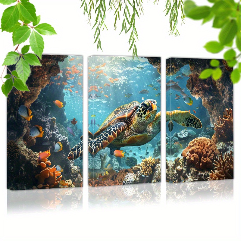 

Framed Set Of 3 Canvas Wall Art Ready To Hang A Beautiful Sea Turtle Swimming (1) Wall Art Prints Poster Wall Picrtures Decor For Home