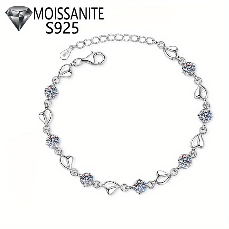 

925 Sterling Silver Moissanite Heart Bracelet, Fashion Valentine's Day Birthday Anniversary Gift, Jewelry For Daily Wear Dating Party Travel, With Gift Box