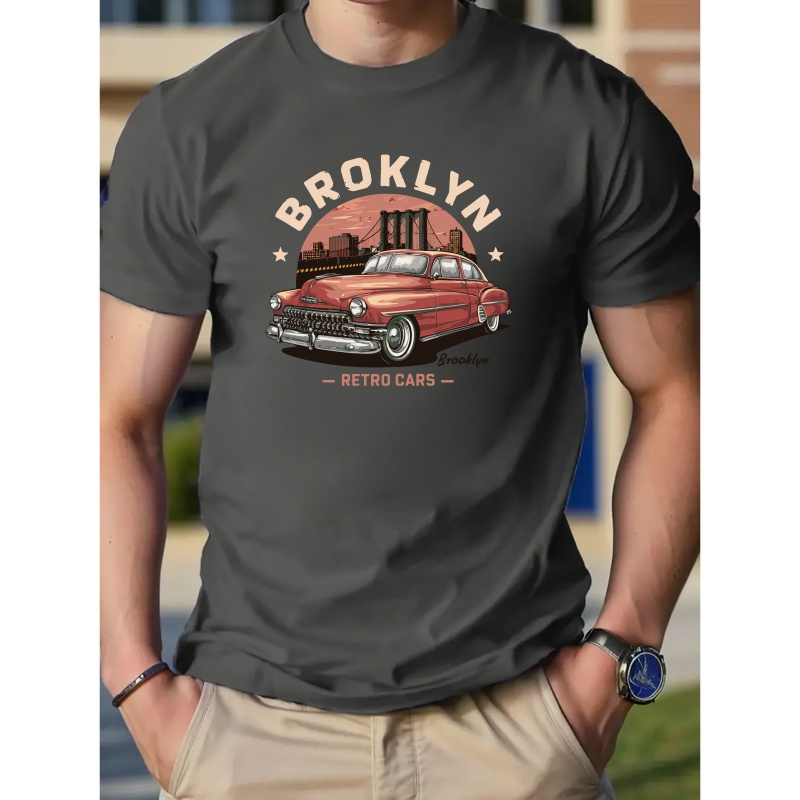 

Car & Letters Print Men's Cotton Crew Neck Short Sleeve Tee Fashion T-shirt, Casual Comfy Breathable Top For Spring Summer Holiday Men's Clothing As Gift