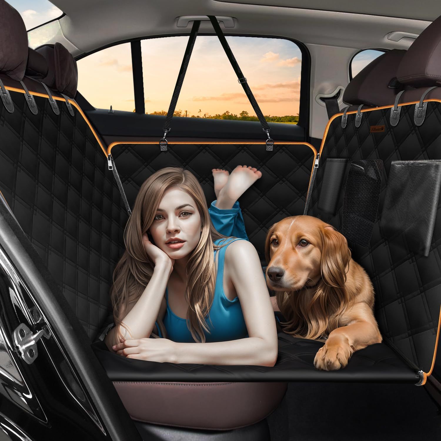 

Dog Car Back Seat Extender, Waterproof Scratch-proof Hard Bottom Hammock Travel Bed With Mesh Window Storage Pocket Seat Anchor, Back Seat Protector For Most Cars Off-road Vehicles, Orange
