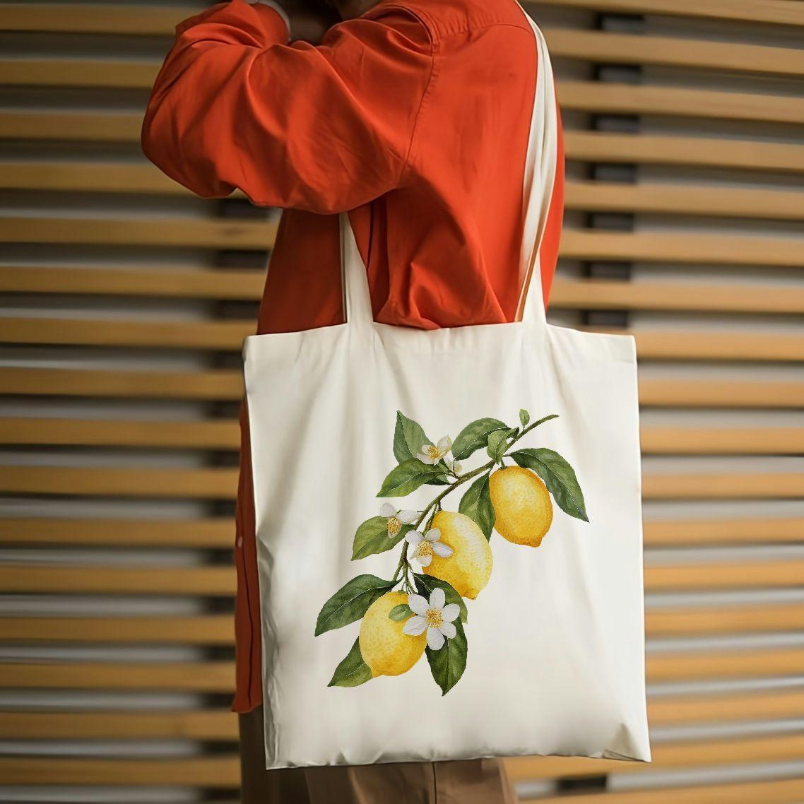 

1pc Lemons And Lemon Flowers Pattern Canvas Tote Bags Stylish And Spacious Shoulder Bag For Travel And Shopping