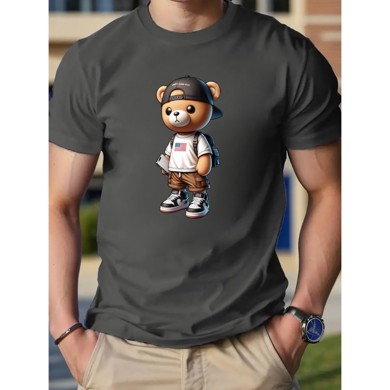 

Cartoon Bear Print Men's Cotton Crew Neck Short Sleeve Tee Fashion T-shirt, Casual Comfy Breathable Top For Spring Summer Holiday Men's Clothing As Gift