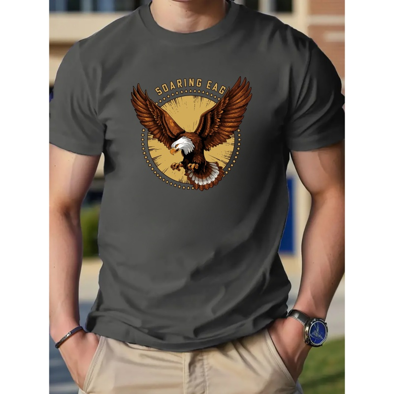 

Eagle & Letters Print Men's Cotton Crew Neck Short Sleeve Tee Fashion T-shirt, Casual Comfy Breathable Top For Spring Summer Holiday Men's Clothing As Gift