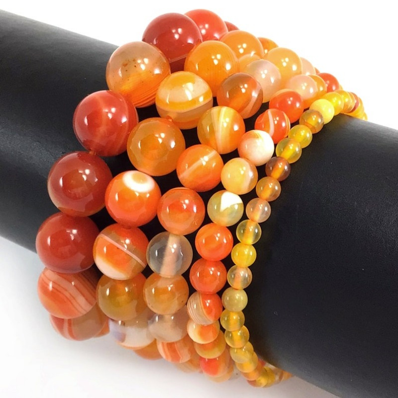 

Orange Natural Stone Bracelet, Elastic Round Bead Bracelet, For Men