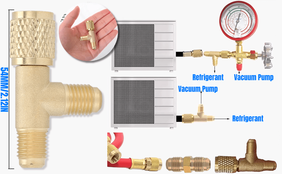 Brass Quick Coupler Tee Adapter With Valve Core - 1/4" SAE Flare Ports For R134a R22 R12 Refrigerant & Gauges