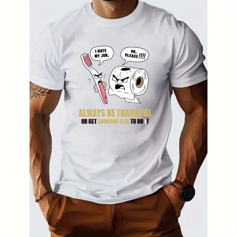 

Funny Cartoon Pattern Letters Print, Men's Cotton Crew Neck Short Sleeve Tee Fashion Regular Fit T-shirt, Casual Comfy Breathable Top For Spring Summer Holiday Leisure Men's Clothing