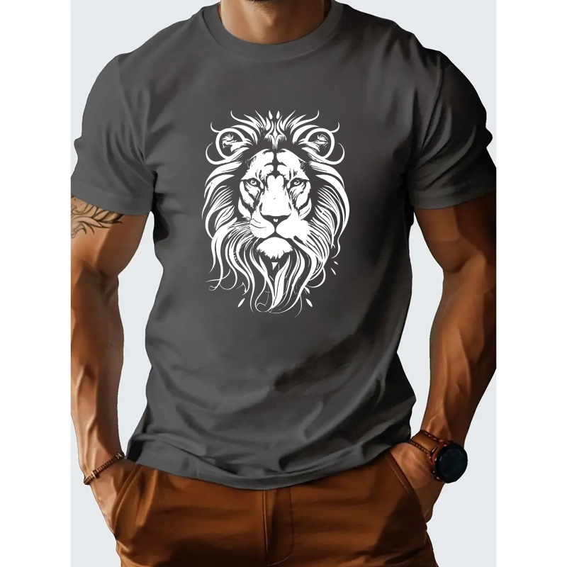 

Lion Pattern Letters Print Men's Cotton Crew Neck Short Sleeve Tee Fashion Regular Fit T-shirt, Casual Comfy Breathable Top For Spring Summer Holiday As Gift