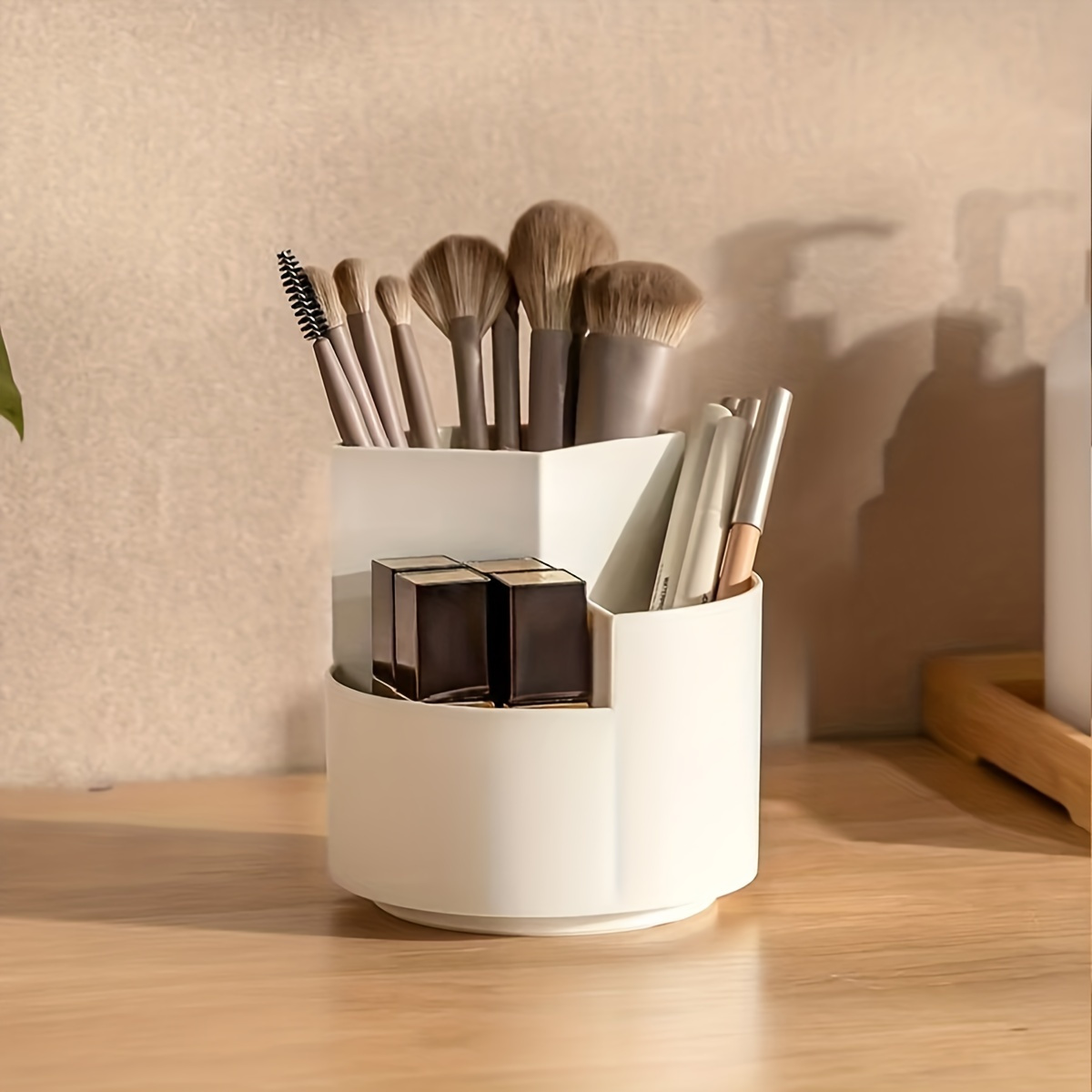

3-compartment Rotating Makeup Brush Organizer - Versatile Desk Storage For Pens, Eyebrow Pencils & Cosmetics - Durable Plastic, Ideal Gift For Teachers & Artists