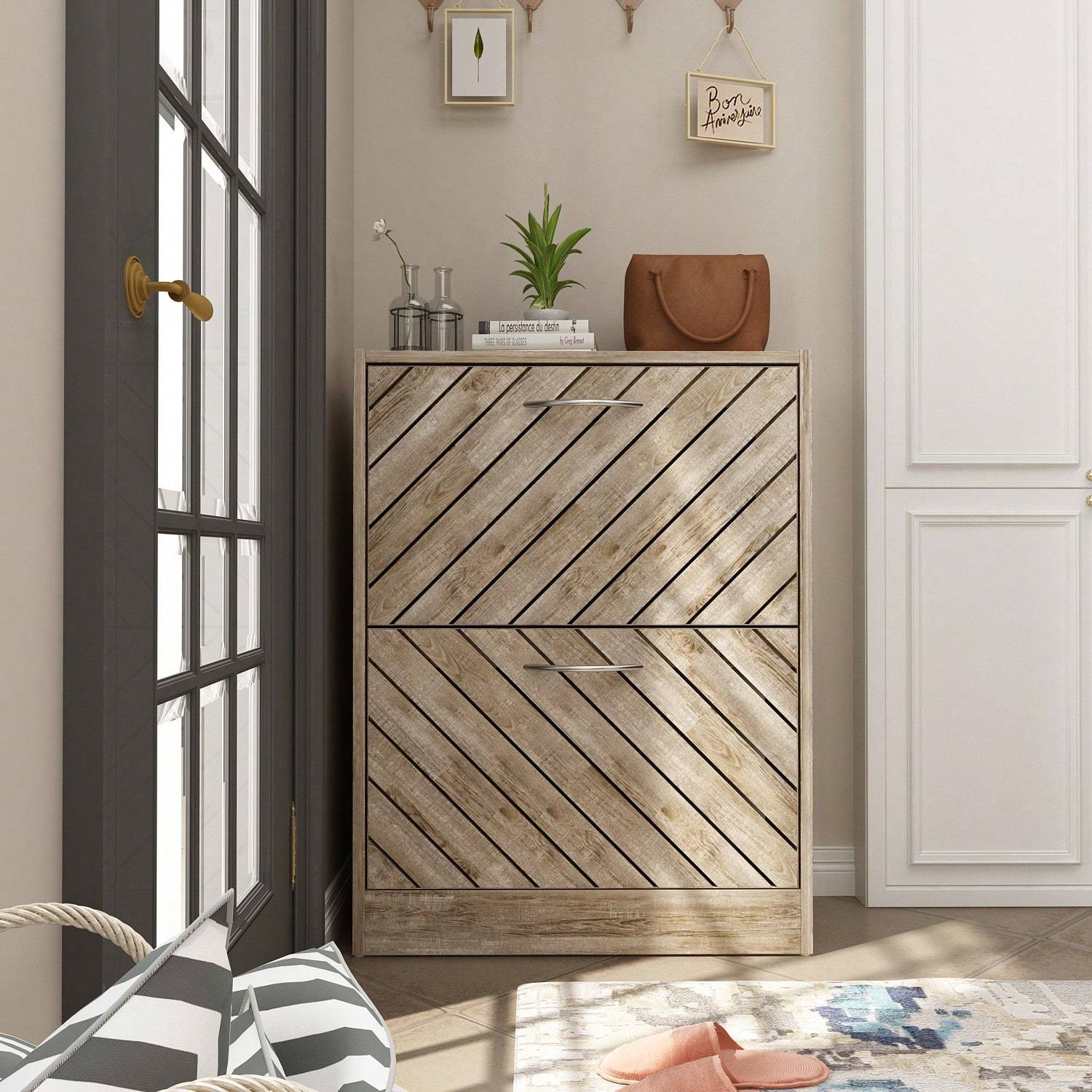 

Shoe Storage Cabinet With 3 Flip Drawers & Twill Louver Doors, Wood 3-tier Shoe Rack Storage Organizer For Entryway, Hallway & Bedroom