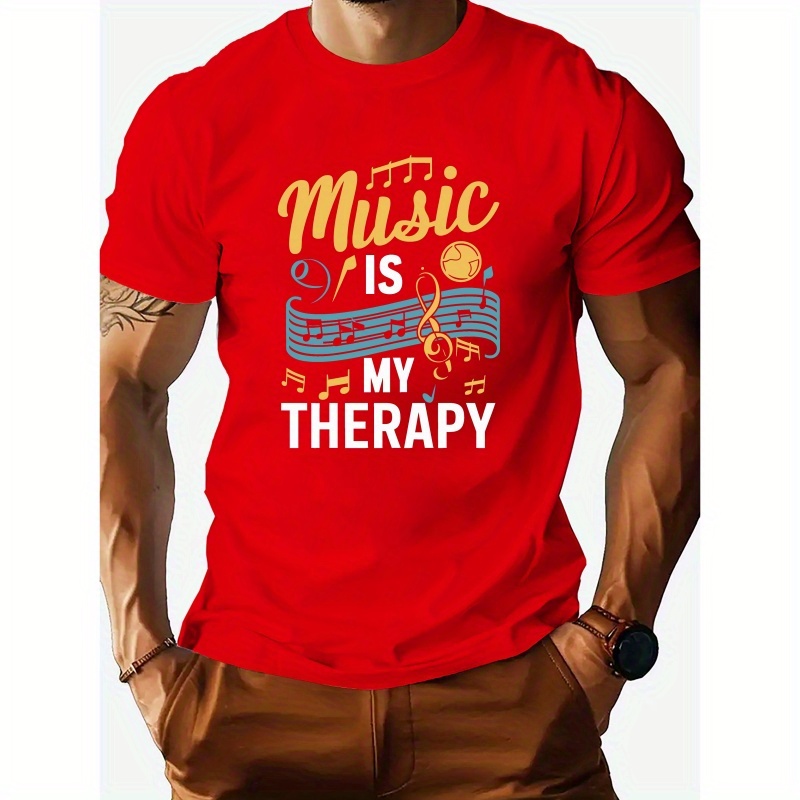 

Music Is My Therapy Letters Print Men's Cotton Crew Neck Short Sleeve Sports Tee Fashion Street Style T-shirt, Casual Comfy Breathable Top For Spring Summer Holiday As Gift