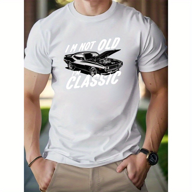 

Car & Letters Print Men's Cotton Crew Neck Short Sleeve Tee Fashion Regular Fit T-shirt, Casual Comfy Breathable Top For Spring Summer Holiday As Gift