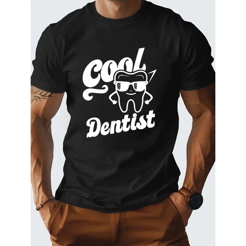 

Cartoon Tooth Letters Print Men's Cotton Crew Neck Short Sleeve Tee Fashion Regular Fit T-shirt, Casual Comfy Breathable Top For Spring Summer Holiday As Gift