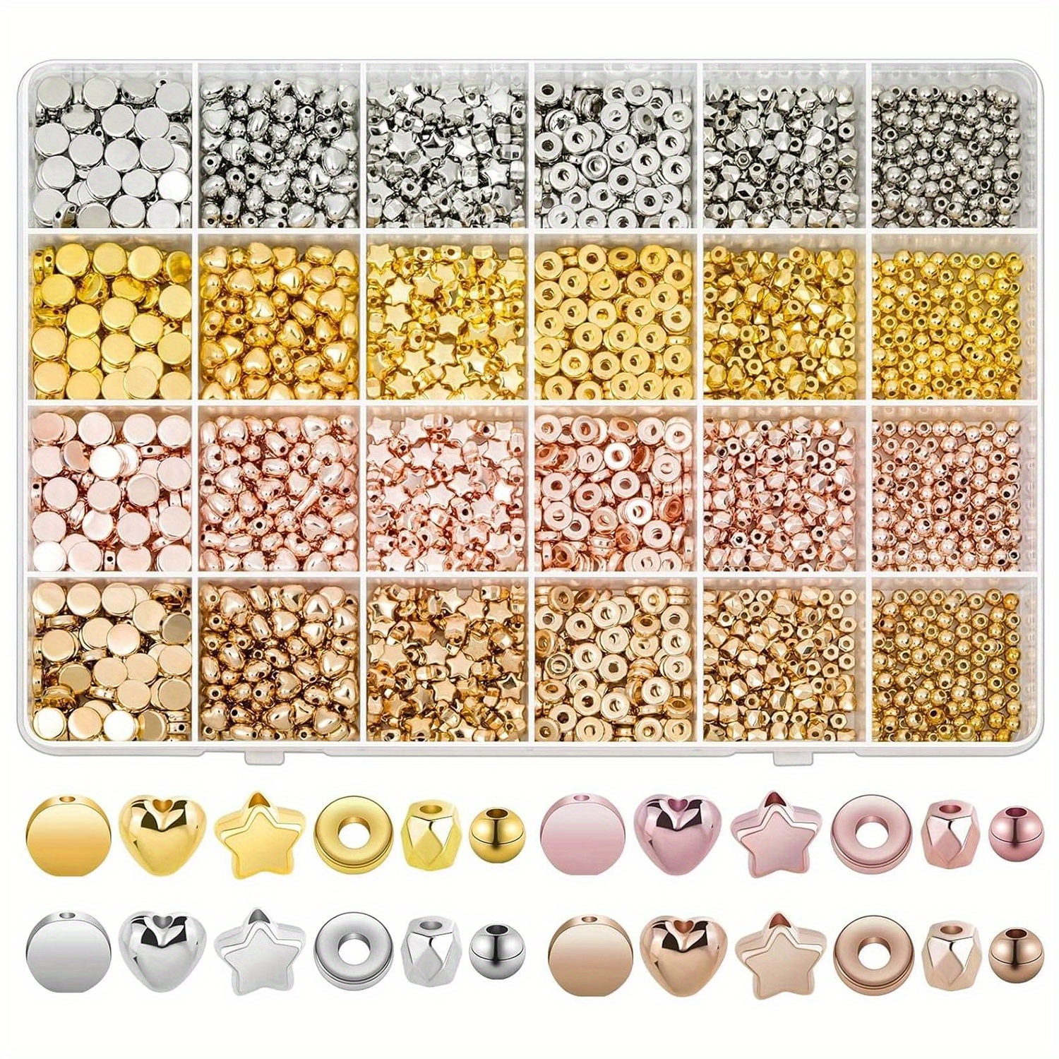 

Lot de 2160 perles espacées assorties pour la fabrication de bijoux de bracelet, en plastique doré, argenté, doré rose, doré KC, ensemble de perles rondes et en forme d'étoile