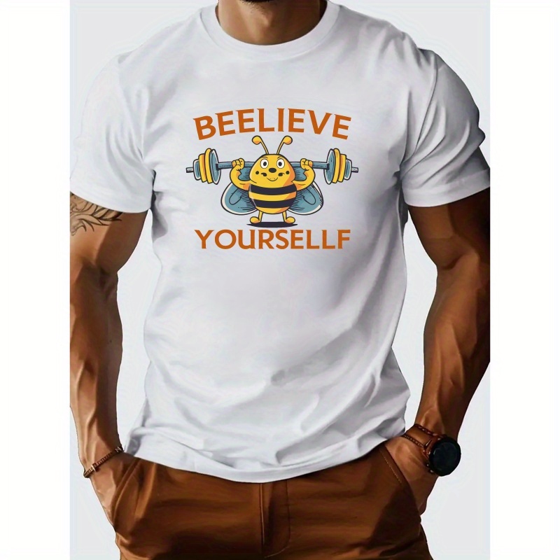 

Bee & Letter Print Men's Cotton Crew Neck Short Sleeve Tee Fashion Regular Fit T-shirt, Casual Comfy Breathable Top For Spring Summer Holiday As Gift